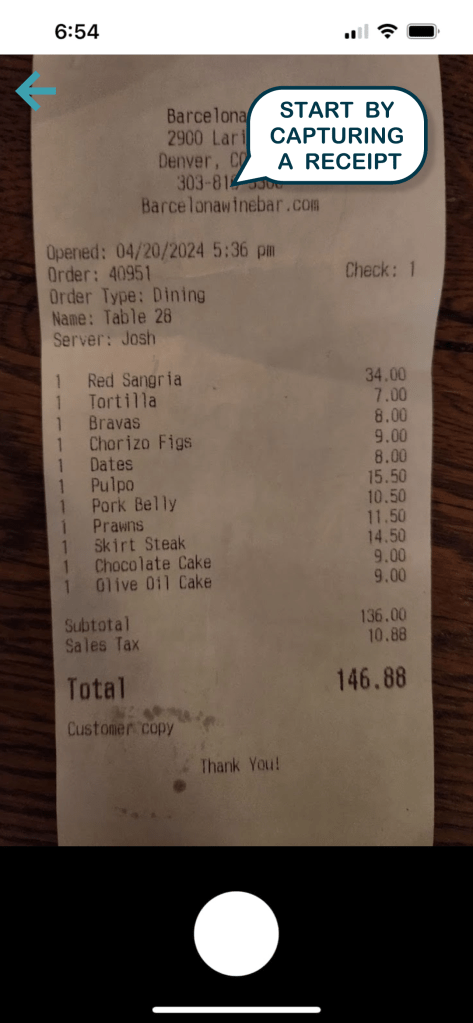 Picture of a receipt that is about to be captured and split.