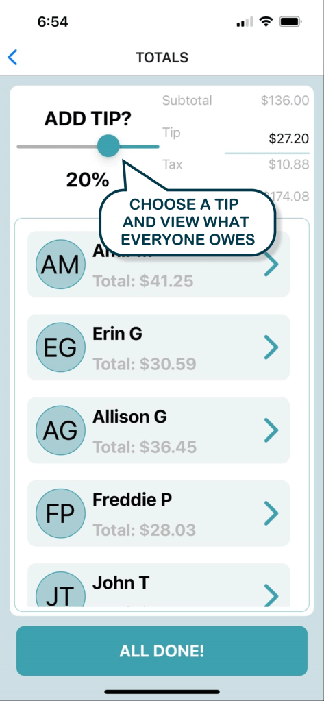 An iphone screen capture showing the receipt split up by attendee including tax and tip