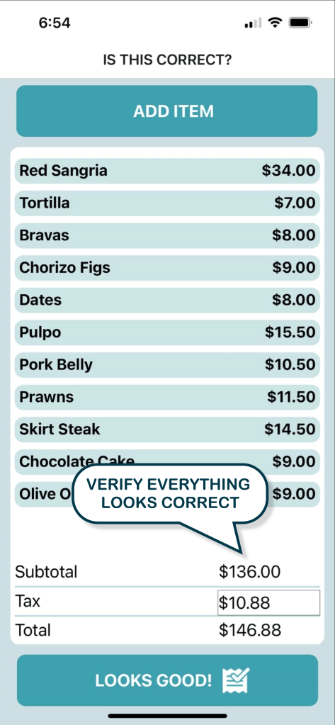 An iphone screen showing receipt items with a button to verify.